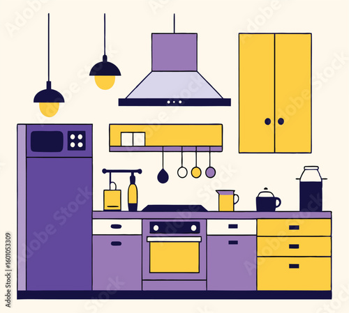 A simplistic kitchen displays a modern artistic style and colorful design