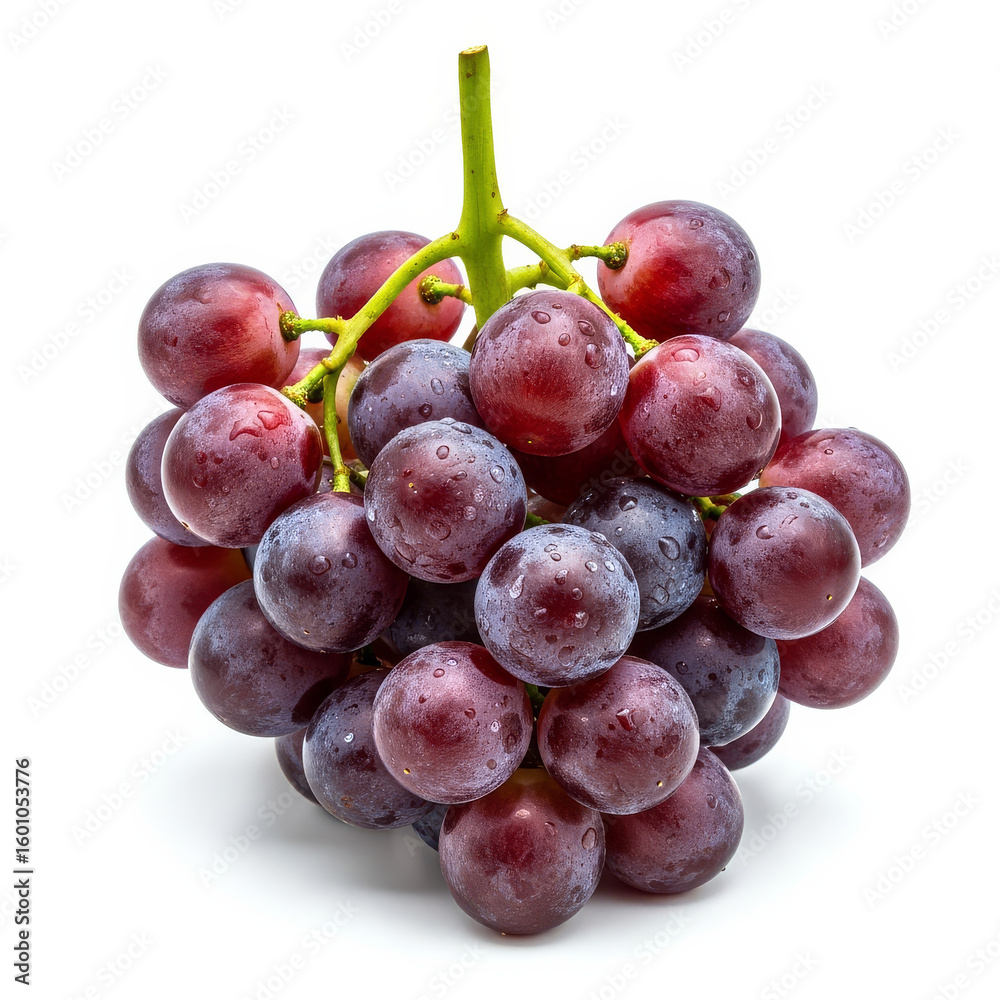 Fototapeta premium A vibrant cluster of fresh red grapes with water droplets sits against a clean white