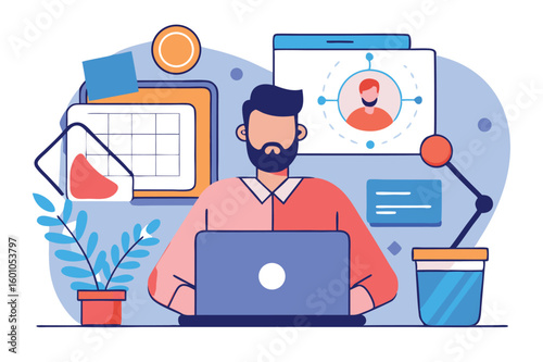 Bearded man uses a laptop, with calendar, plant and social media profile around