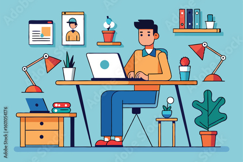 Animated man works on his laptop amidst the charming decor of his workspace