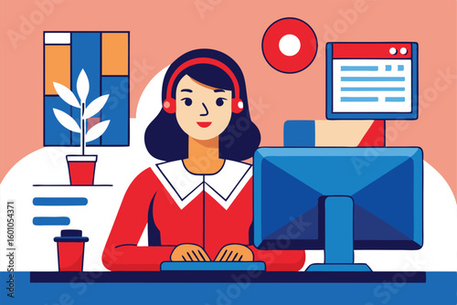 Brunette female with red headset uses a computer at her desk happily