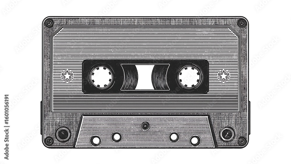 Fototapeta premium Black and white vector illustration of a cassette tape. Classic and timeless charm. On a white background.