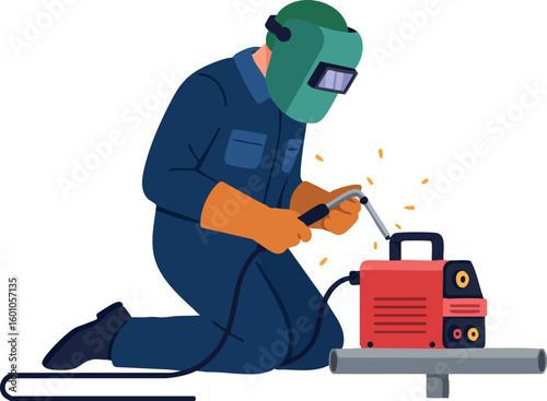 Welder Kneeling While Using Welding Machine for Metalwork Safety and Precision Vector Illustration