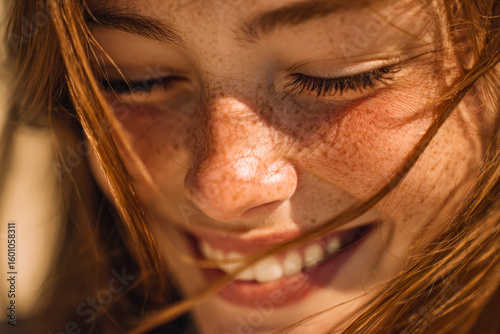 Close-up of a joyful young girl with freckles enjoying a sunny moment