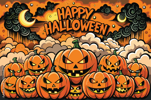 Spooky Halloween scene showcasing orange pumpkins and black bats, set against a dark, atmospheric background