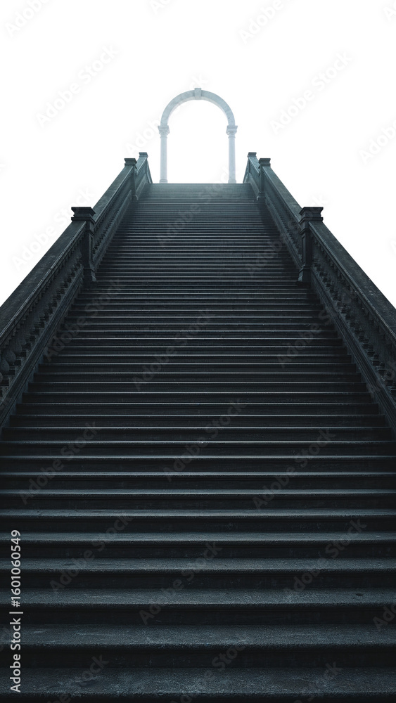 Fototapeta premium Ascending staircase leading to a radiant archway against an opaque isolated backdrop