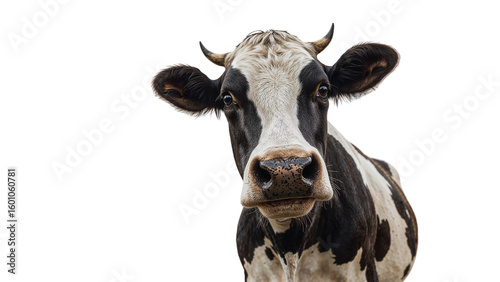 Intriguing portrait of a Holstein cow with unique markings against transparent setting