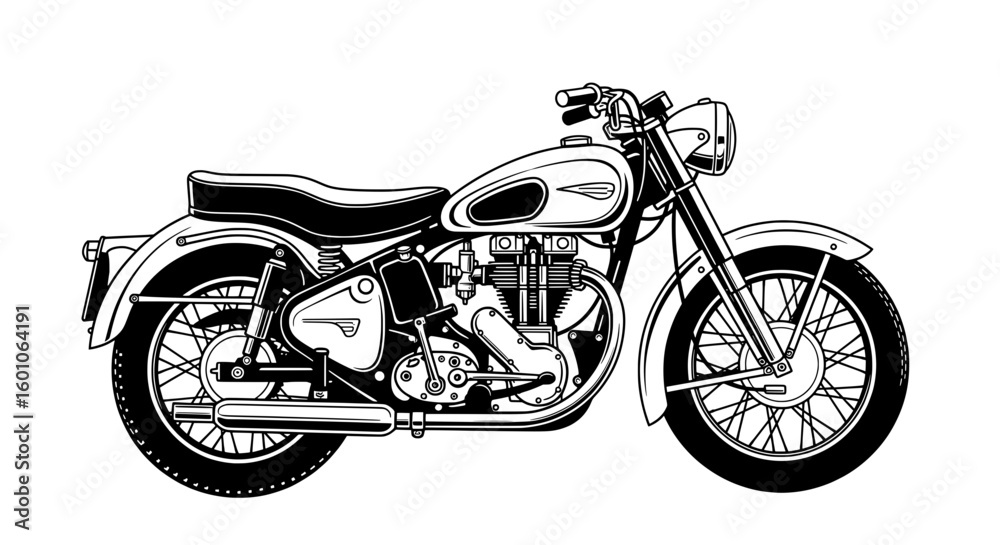 Obraz premium Vintage Motorcycle Side View in Detailed Line Art Illustration 