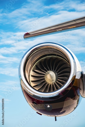 Detailed close-up of a jet engine intake from a low vertical angle. The image showcases the turbine blades, shiny nacelle, and part of the tail structure above. 