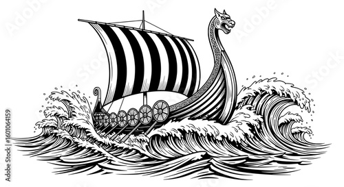 Viking Longship with Dragon Prow Sailing through Waves Line Art
