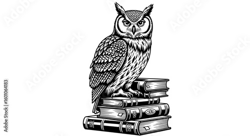Wise Owl Perched on Stacked Books Line Art Illustration
