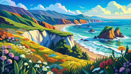 A coastal spring panorama of Big Sur, California — cliffs covered in wildflowers, waves glittering under blue sky, and vibrant greenery perfect for a bold and vivid vector artwork.

