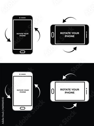 Vector icons for "Rotate Your Phone" instruction. Essential UI/UX elements for mobile apps & responsive websites. Includes black/white versions for light/dark mode compatibility
