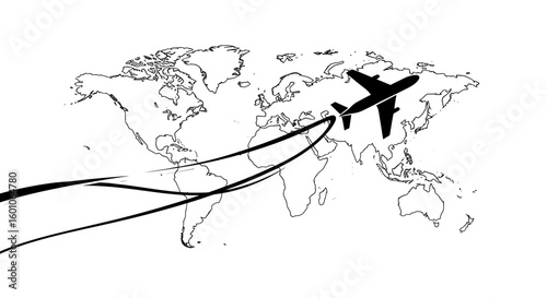 World Map Flight Route with Airplane Path Illustration
