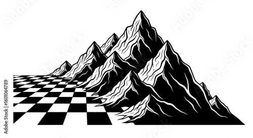 Mountain Peaks with Chessboard Base Geometric Illustration
