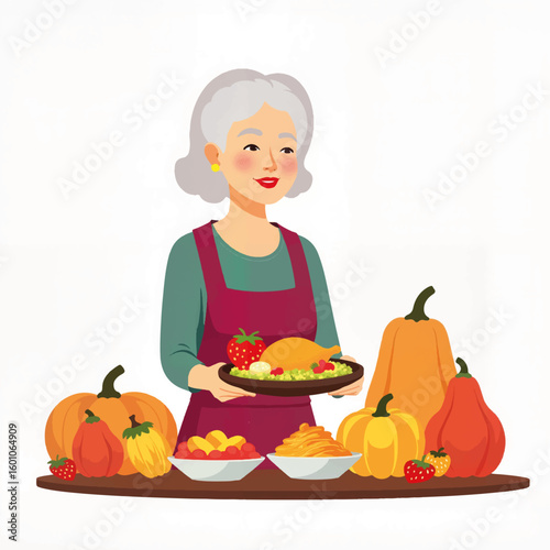 Elderly woman holding a plate of food surrounded by pumpkins and fruits  