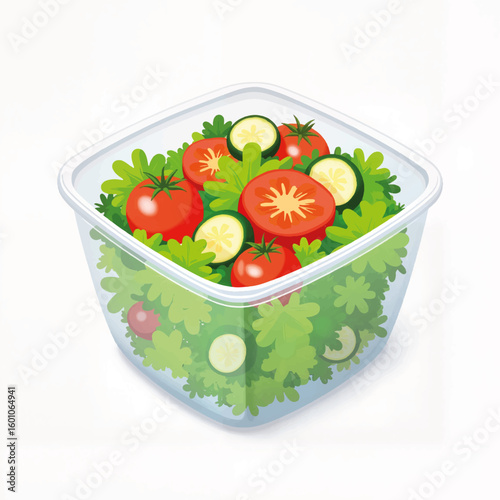 Fresh vegetable salad in clear container with leafy greens and tomatoes  
