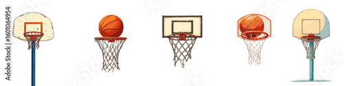 Basketball hoops with baskets and balls. set of vector illustrations isolated on a transparent background