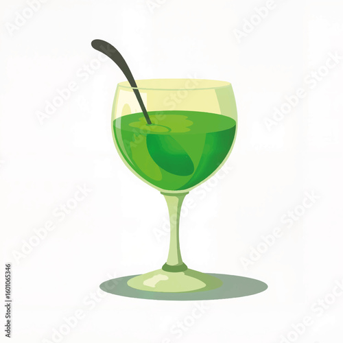 Green cocktail in a glass with a spoon on a white background  