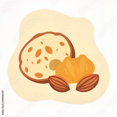 Nut and cookie illustration with almonds and cashews on beige background  