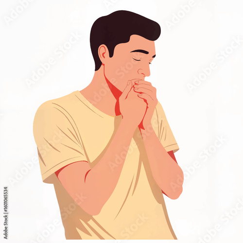 Young man feeling anxious while covering his mouth with hands  