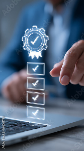 Digital checklist with certification badge and checkmarks on laptop image