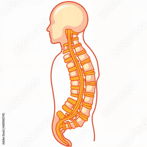 Human spine anatomy illustration in side view with labeled vertebrae  