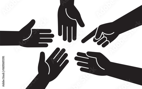Multiple black hands reaching inwards towards a central point together cooperation