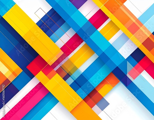 Abstract design featuring intersecting colorful rectangular shapes on a white background