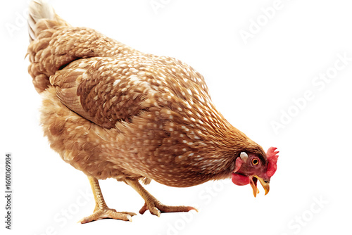 Brown hen pecking food isolated on a transparent background chicken white spots