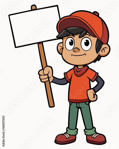 Illustration of a boy holding a blank sign for advertising marketing and promotion campaigns message board