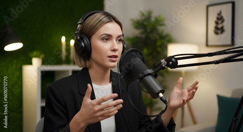 Professional female podcaster with headphones speaking into a microphone during a live broadcast session in a modern studio