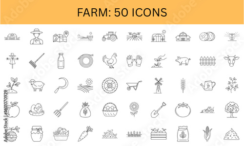 Farm icons set in outline style on transparent background  
