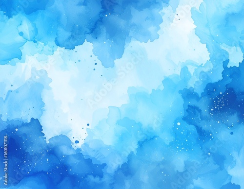 Abstract watercolor painting with shades of blue and white creating a dreamy cloudscape effect