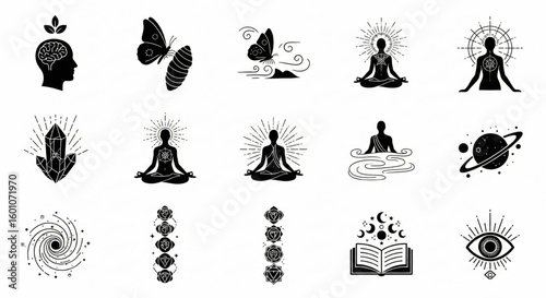 Spiritual and Inner Growth Line Icon Set – Vector Mindfulness, Meditation, Enlightenment, Chakra, Esoteric Symbols, Thin Linear Illustrations
