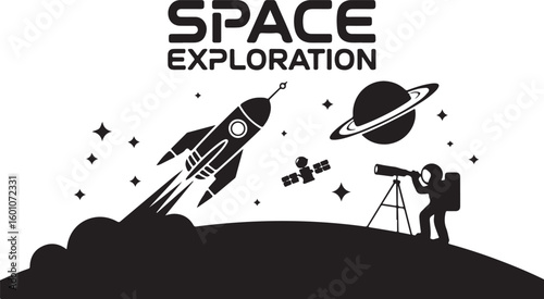 Rocket launch astronaut observes planet and satellite telescope