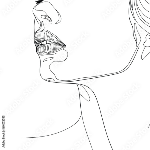 Minimalist one line art sensual female lips and face illustration