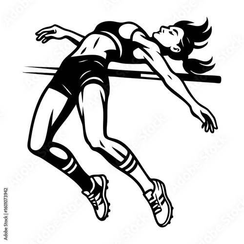 Athlete woman performing high jump in minimal black and white style, isolated on white background.