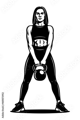 Black SVG of athletic woman lifting kettlebell, isolated silhouette design for cutout and fitness projects.