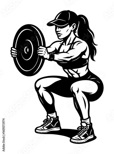 SVG of athletic woman squatting with plate, black and white cutout design for fitness crafts.