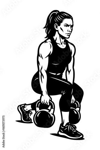 Athletic woman doing lunge with kettlebells, black SVG cut out design for training visuals.