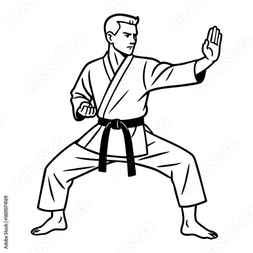 Black SVG of male karate fighter in stance, martial arts cut out for combat and sports design.