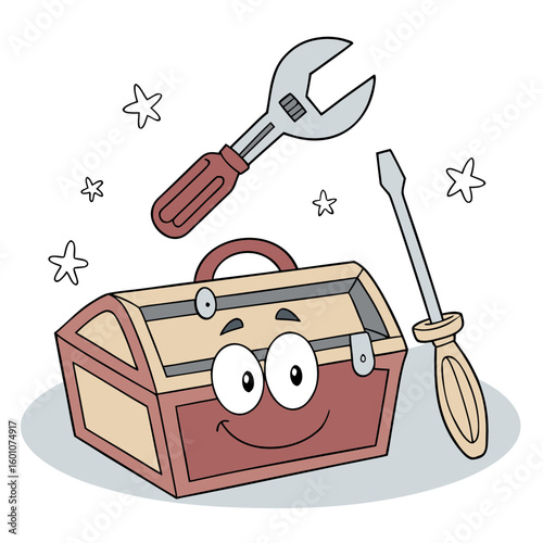 A cheerful cartoon toolbox is accompanied by a wrench and a screwdriver ready for