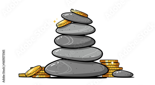 Stack of gray stones with golden coins