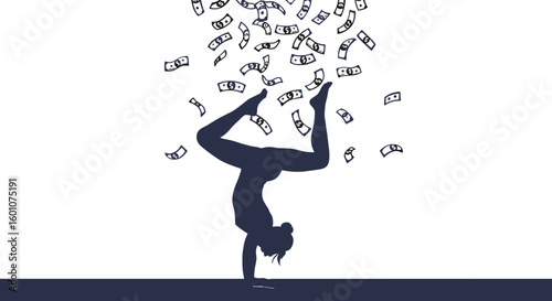 Woman doing a handstand with money falling in a minimalistic design