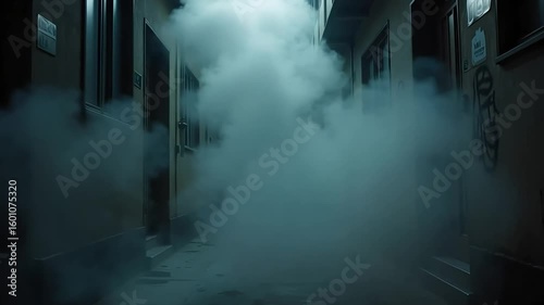 Mysterious smoke fills dark urban alleyway creating atmospheric suspense and intrigue for cinematic scenes