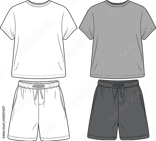 Back view men’s t-shirt and shorts fashion sketch, vector template, cad drawing, casual clothing design, apparel illustration for designers