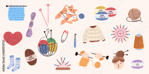 Vector knitting set illustration with yarn balls, needles, pins, socks, sweater. Colorful hand-drawn clipart, perfect for DIY, craft projects, hobby-themed designs, autumn and cozy lifestyle visuals