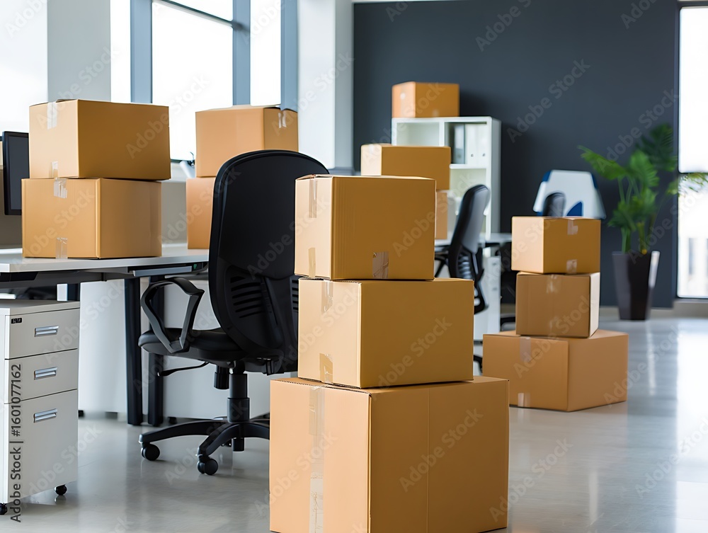 Fototapeta premium Office Relocation Boxes Stacked on Desks and Floor Ready for Moving to New Workspace Business Environment