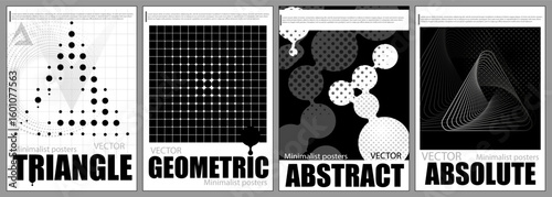 Set of four minimalist poster designs using geometric shapes like dots, squares, and lines in black and white, modern abstract concept. Set of vector illustrations